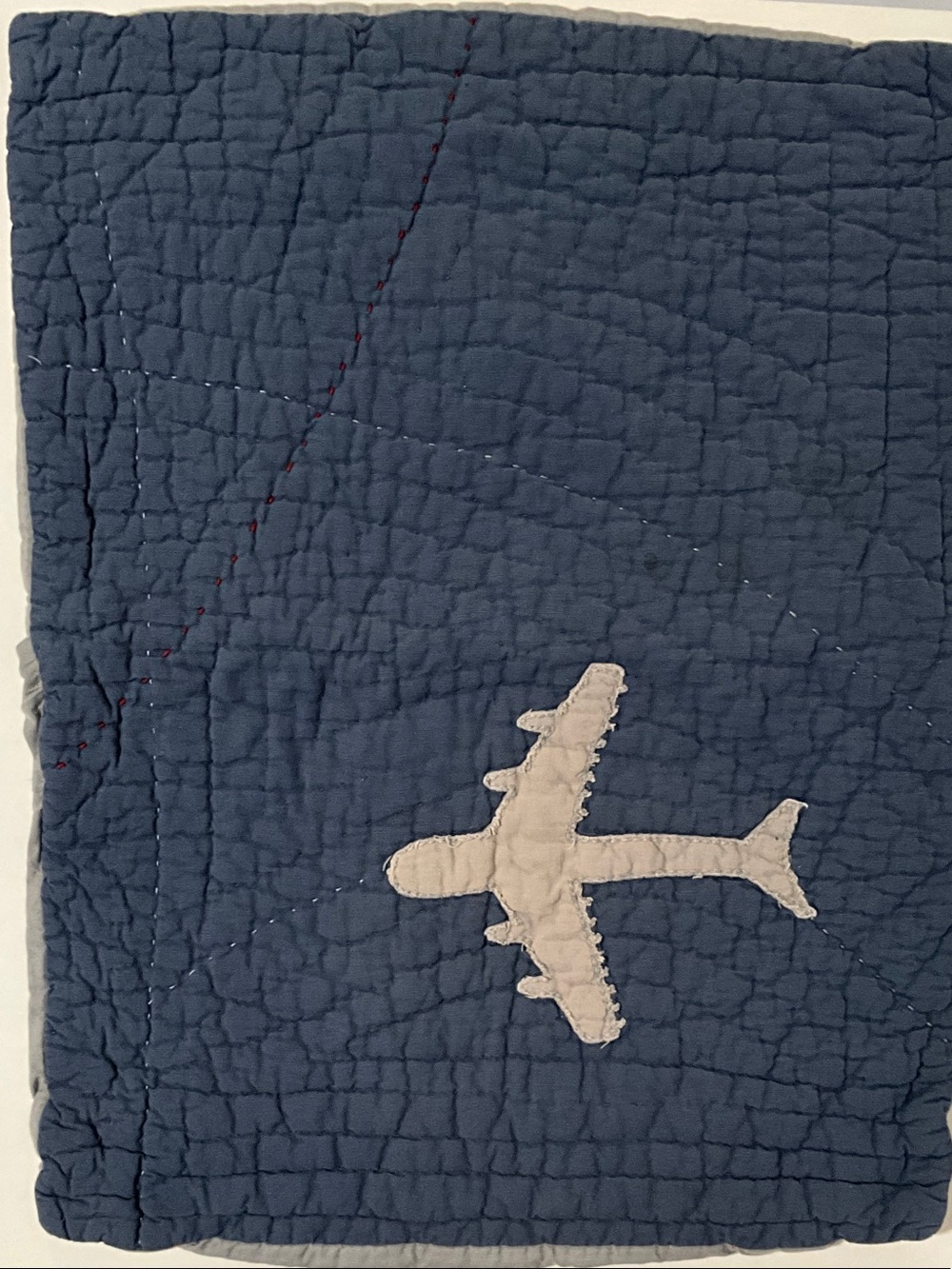 Restoration Hardware Navy Blue & Gray Quilted Pillow Sham with Airplane Applique